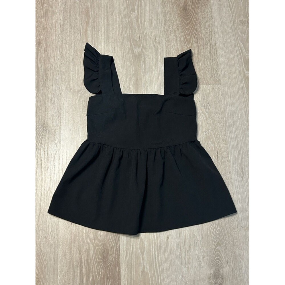 Lyaner Ruffle Strap Sleeveless Square Neck Black Peplum Top Sz Small